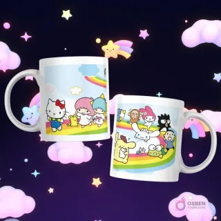 Tazas con Hello Kitty, Little Twin Stars, My Melody, Keroppi, Cinnamoroll, Pompompurin, Badtz-Maru y un humanoide, sobre un arcoíris y un fondo de nubes y estrellas.
