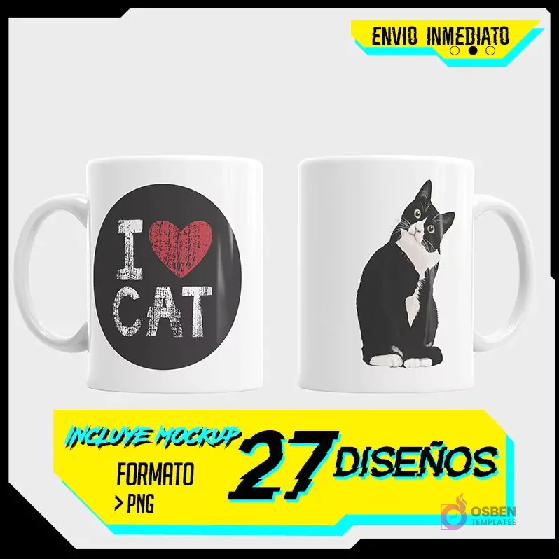 Mockup de dos tazas blancas con diseños de gatos. Una taza negra con 'I ❤️ CAT' y otra con un gato blanco y negro mirando. Muestra de pack de 27 diseños PNG.