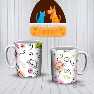 Mockup de dos tazas blancas con patrón de gatos estilo doodle, huellas y texto 'Meow' en colores pastel.