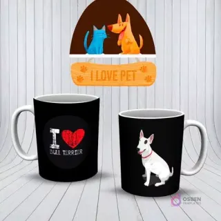 Mockup de tazas con diseños de Bull Terrier. Una taza blanca con 'I ❤️ BULL TERRIER' y una taza negra con un Bull Terrier blanco.