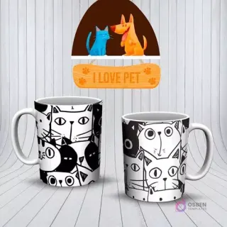 Mockup de dos tazas blancas con un patrón abstracto de caras de gatos en blanco y negro.