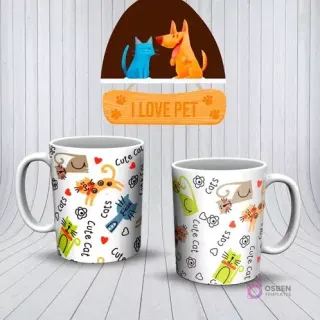 Mockup de dos tazas blancas con patrón de gatos tiernos de dibujos animados, corazones y texto 'Cute Cat' en tonos pastel.