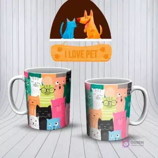 Mockup de dos tazas blancas con un patrón de múltiples caras de gatos de dibujos animados en colores vibrantes, algunos con gafas.