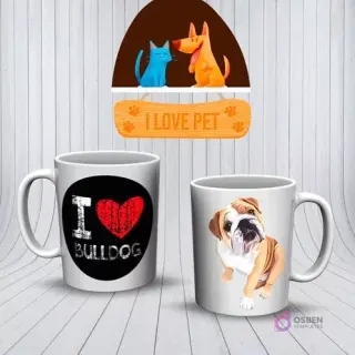 Mockup de tazas con diseños de Bulldog. Una taza blanca con 'I ❤️ BULLDOG' y otra con un cachorro de Bulldog marrón y blanco.