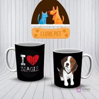 Mockup de tazas con diseños de Beagle. Una taza negra con 'I ❤️ BEAGLE' y otra con un cachorro de Beagle tricolor.