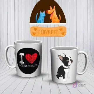 Mockup de tazas con diseños de Boston Terrier. Una taza blanca con 'I ❤️ BOSTON TERRIER' y otra con un cachorro de Boston Terrier.