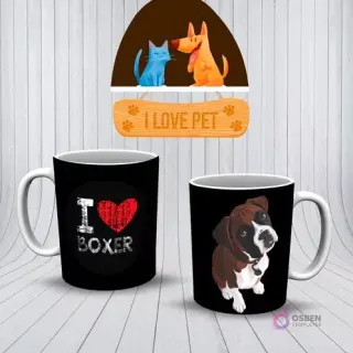 Mockup de tazas con diseños de Boxer. Una taza negra con 'I ❤️ BOXER' y otra con un cachorro de Boxer marrón y blanco.