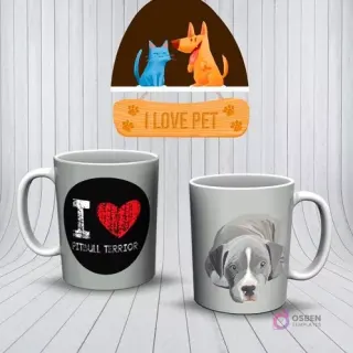 Mockup de tazas con diseños de Pitbull Terrier. Una taza gris con 'I ❤️ PITBULL TERRIER' y otra con la cabeza de un Pitbull gris y blanco.