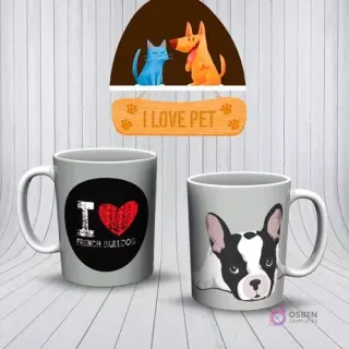 Mockup de tazas con diseños de French Bulldog. Una taza gris con 'I ❤️ FRENCH BULLDOG' y otra con la cara de un French Bulldog blanco y negro.