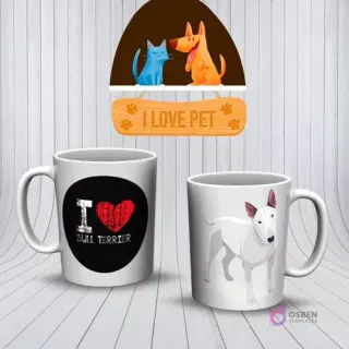 Mockup de tazas con diseños de Bull Terrier. Una taza blanca con 'I ❤️ BULL TERRIER' y una taza blanca con un Bull Terrier de cuerpo entero.