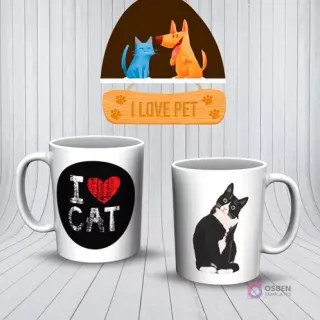Mockup de dos tazas blancas con diseños de gatos. Una taza negra con 'I ❤️ CAT' y otra con un gato blanco y negro mirando curioso.