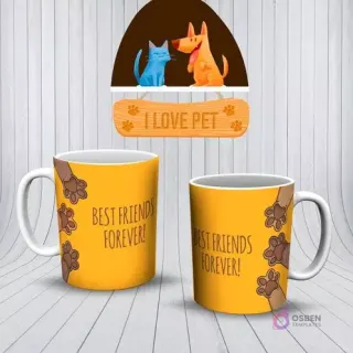 Mockup de dos tazas amarillas con un diseño de huellas de perro y el texto 'BEST FRIENDS FOREVER!'.
