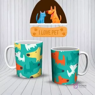 Mockup de dos tazas turquesas con un patrón de siluetas de perros de dibujos animados en varios colores.