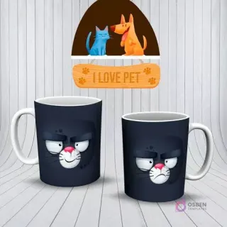 Mockup de dos tazas azul oscuro con un diseño frontal de la cara de un gato negro de dibujos animados con expresión de enojo y nariz rosa.