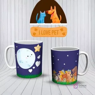Mockup de dos tazas azul oscuro. Una con una luna sonriente y estrellas, la otra con varios perros y gatos de dibujos animados bajo la luna.