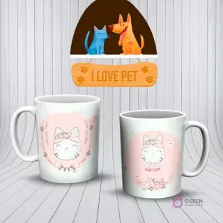 Mockup de dos tazas blancas con diseños de gatos femeninos. Una con un rostro de gato con un lazo y flores, otra con un gato bailarina.