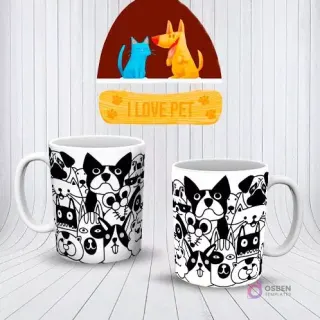 Mockup de dos tazas blancas con un patrón de varios perros de dibujos animados en estilo de arte lineal blanco y negro.