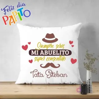 Cojín sublimado con diseño 'Mi Abuelito Súper Consentido', bigote, sombrero y corazones, con espacio para nombre personalizado, perfecto para el Día del Abuelo.