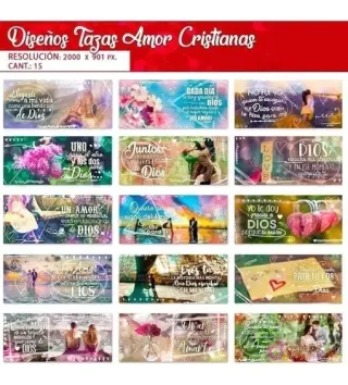 Colección de 15 diseños de tazas con frases de amor cristiano, mostrando paisajes y parejas. 'Diseños Tazas Amor Cristianas, Resolución: 2000 x 901 px, Cant: 15'.