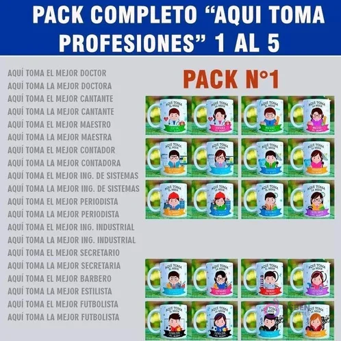 Mega Pack de diseños para tazas de sublimación 'Aquí Toma' con profesiones del Pack N°1: Doctor, Cantante, Maestro, Contador, Ingeniero de Sistemas, Periodista, Ingeniero Industrial, Secretario, Barbero y Futbolista.