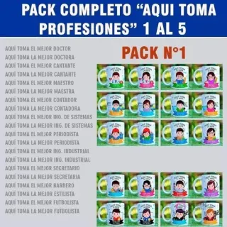 Mega Pack de diseños para tazas de sublimación 'Aquí Toma' con profesiones del Pack N°1: Doctor, Cantante, Maestro, Contador, Ingeniero de Sistemas, Periodista, Ingeniero Industrial, Secretario, Barbero y Futbolista.