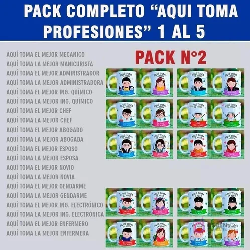 Colección de diseños 'Aquí Toma' para tazas personalizadas de profesiones y roles, Pack N°2: Mecánico, Manicurista, Administrador, Ingeniero Químico, Chef, Abogado, Esposo, Novio, Gendarme y Enfermero.