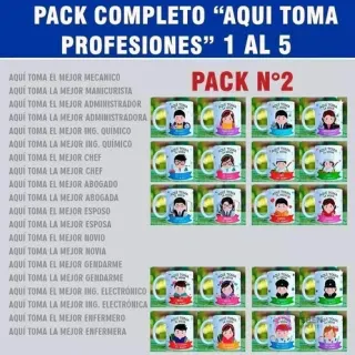 Colección de diseños 'Aquí Toma' para tazas personalizadas de profesiones y roles, Pack N°2: Mecánico, Manicurista, Administrador, Ingeniero Químico, Chef, Abogado, Esposo, Novio, Gendarme y Enfermero.
