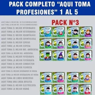Muestras de diseños para tazas de sublimación 'Aquí Toma' del Pack N°3: Ingeniero en Telecomunicaciones, Veterinario, Odontólogo, Esposo, Ingeniero Ambiental, Fotógrafo, Conductor, Florista, Diseñador de Moda, Monstruo, Brujita, Electricista y Mamá.