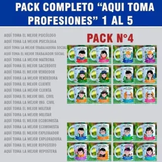Visualización de diseños 'Aquí Toma' para tazas de profesiones del Pack N°4: Psicólogo, Trabajador Social, Matrona, Sacerdote, Vendedor, Cliente, Ingeniero Civil, Militar, Economista, Explorador y Repostero.