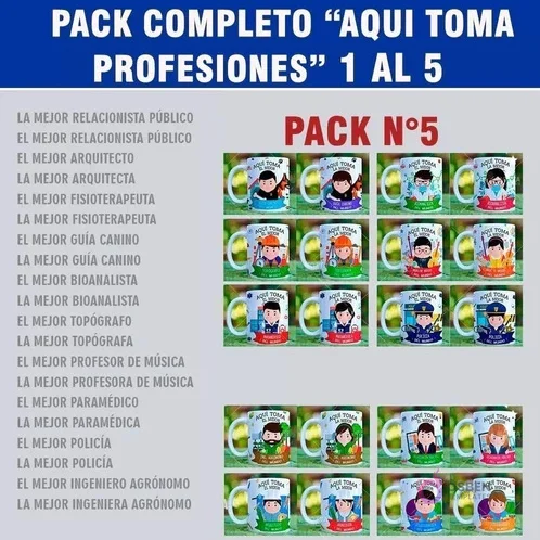 Presentación de diseños 'Aquí Toma' para tazas de profesiones del Pack N°5: Relacionista Público, Arquitecto, Fisioterapeuta, Guía Canino, Bioanalista, Topógrafo, Profesor de Música, Paramédico, Policía e Ingeniero Agrónomo.