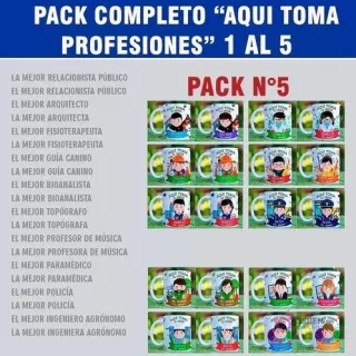 Presentación de diseños 'Aquí Toma' para tazas de profesiones del Pack N°5: Relacionista Público, Arquitecto, Fisioterapeuta, Guía Canino, Bioanalista, Topógrafo, Profesor de Música, Paramédico, Policía e Ingeniero Agrónomo.