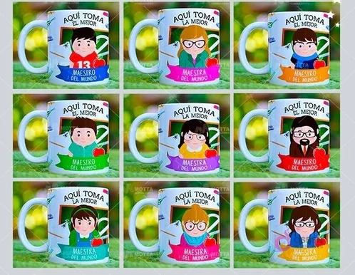Detalle de múltiples diseños de tazas de sublimación 'Aquí Toma el Mejor Maestro' y 'Aquí Toma la Mejor Maestra' con variaciones de personajes y colores.