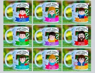 Detalle de múltiples diseños de tazas de sublimación 'Aquí Toma el Mejor Maestro' y 'Aquí Toma la Mejor Maestra' con variaciones de personajes y colores.