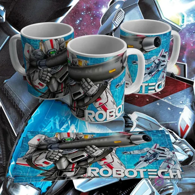 Taza sublimada con diseño de Robotech Valkyrie con arma y logo en fondo azul