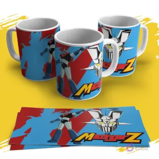 Taza sublimada con diseño de Mazinger Z en pose heroica sobre fondo amarillo y rojo