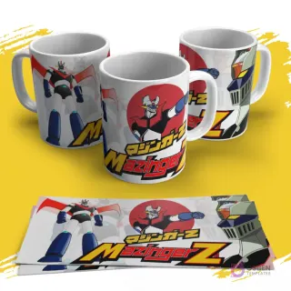 Taza sublimada con múltiples diseños de Mazinger Z y su logo sobre fondo amarillo