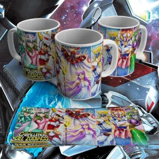Taza sublimada con diseño de varios Caballeros del Zodiaco (Saint Seiya) y Atena