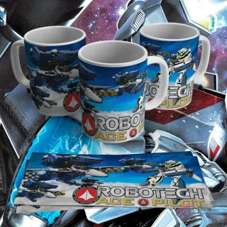 Taza sublimada con diseño de Robotech Valkyries en vuelo y logo 'Ace Pilot'