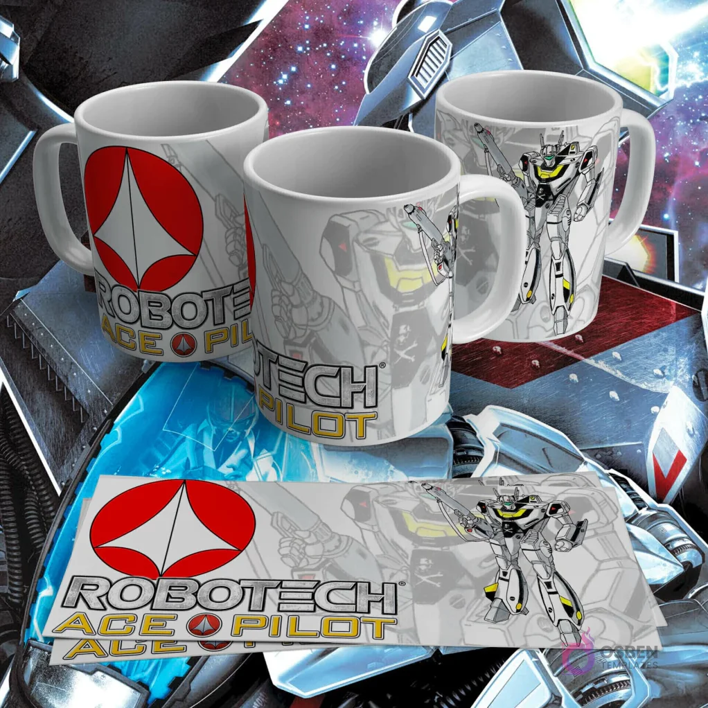 Taza sublimada con diseño de Robotech Valkyrie mech con logo 'Ace Pilot' y detalles técnicos