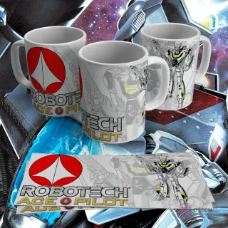 Taza sublimada con diseño de Robotech Valkyrie mech con logo 'Ace Pilot' y detalles técnicos