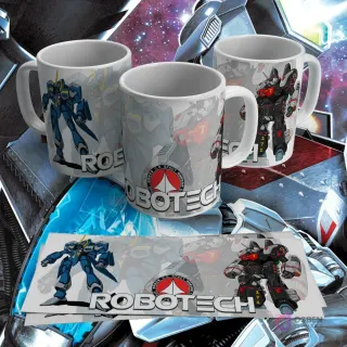 Taza sublimada con diseño de dos mechs de Robotech (azul y rojo) en acción con logo
