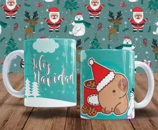 Dos tazas con diseños para sublimación. Una taza de color menta claro tiene 'Feliz Navidad' y árboles nevados. La otra taza presenta un capibara con gorro de Papá Noel y galletas de jengibre dentro de una taza roja.