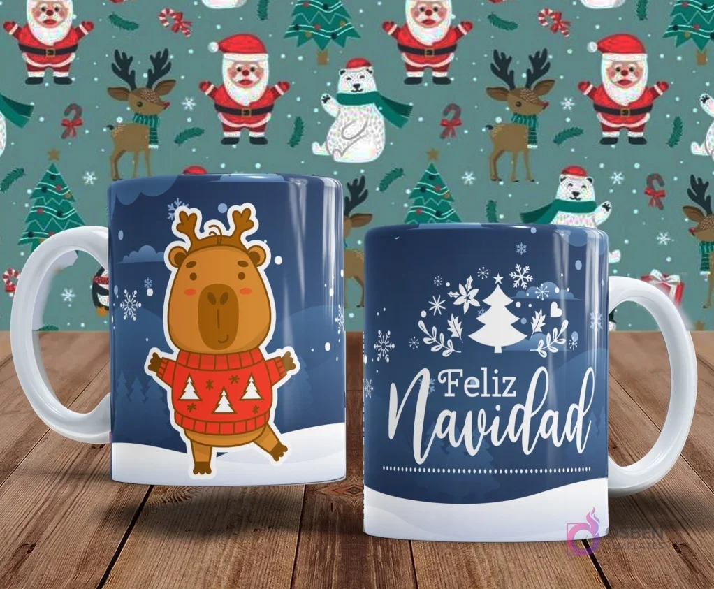Dos tazas de sublimación con temática de capibaras y Navidad. Una taza presenta un capibara con un suéter navideño rojo bailando. La otra taza dice 'Feliz Navidad' con un árbol de nieve y copos.