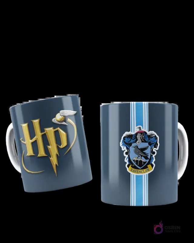 Taza de sublimación azul oscuro con logo dorado de HP y Snitch, y escudo de Ravenclaw.