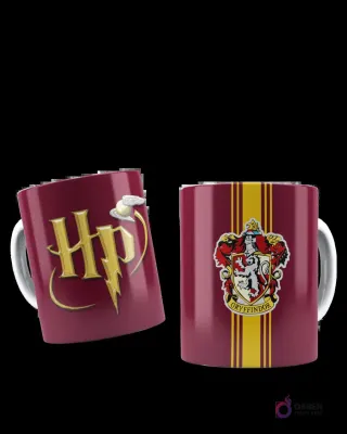 Taza de sublimación roja borgoña con logo dorado de HP y Snitch, y escudo de Gryffindor.