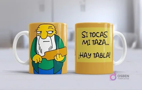 Taza de sublimación con el Abuelo Simpson y la frase 'Si tocas mi taza... ¡Hay tabla!' en un diseño divertido y amarillo.