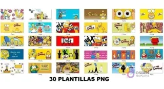 Cuadrícula mostrando 30 plantillas PNG variadas de Los Simpsons, con diferentes personajes y escenas listos para sublimar tazas.