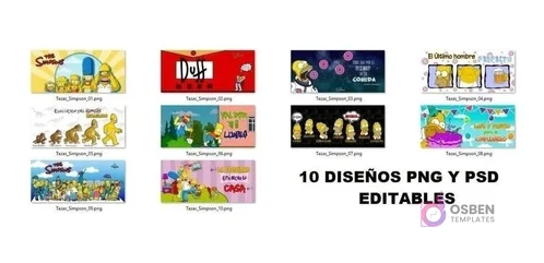 Cuadrícula con 10 diseños de Los Simpsons, indicando que son plantillas PNG y PSD editables, incluyendo el logo de Duff y Homero.