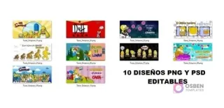 Cuadrícula con 10 diseños de Los Simpsons, indicando que son plantillas PNG y PSD editables, incluyendo el logo de Duff y Homero.