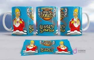 Tres tazas de sublimación con el diseño de Homero Simpson como 'Roberto Simpson Holy Donuts' en un fondo azul, junto con la plantilla.